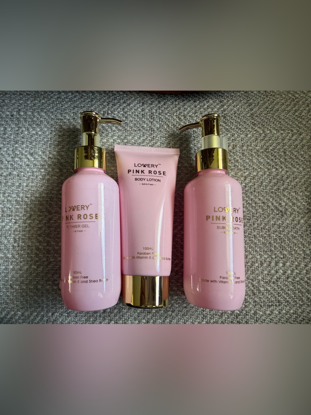 Lovery Pink Rose 3pc Bath Set Shower Gel Bubble Bath Body Lotion Vitamin E Shea